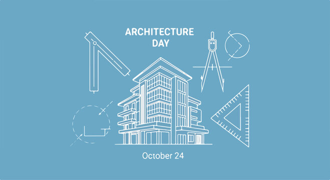 Architecture day illustration with building and tools