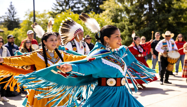 Spinning Indigenous female dancer wearing turquoise shawl and concho belt at plaza, with drummers