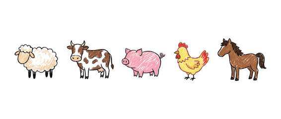 Fototapeta premium Farm animal icons set. Cute domestic livestock concept. Includes sheep, cow, pig, chicken, horse. Hand-drawn crayon doodle style
