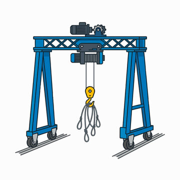 A blue gantry crane on wheels moves heavy loads on rails, featuring a hoist and hook with rigging.