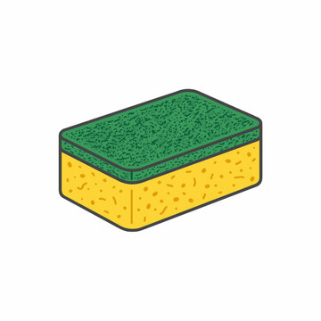 A rectangular kitchen sponge with a green scrubby top and a yellow porous bottom. Isolated on white.