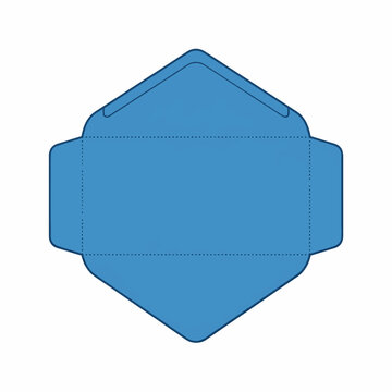 Blue envelope die-cut template in a flat, unfolded layout. The design features a rectangular center with triangular top and bottom flaps and rounded side tabs for custom packaging.