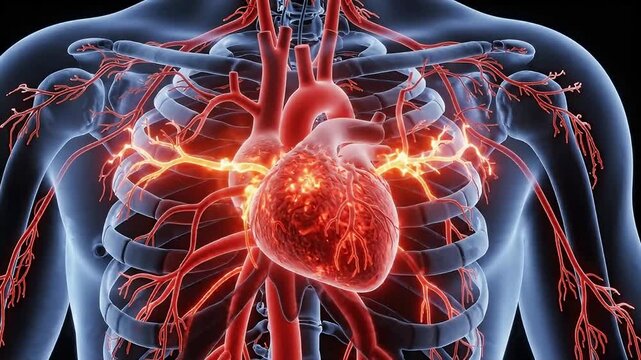3d medical illustration of the human heart and circulatory system with glowing arteries and veins inside the rib cage, representing cardiovascular health and anatomy