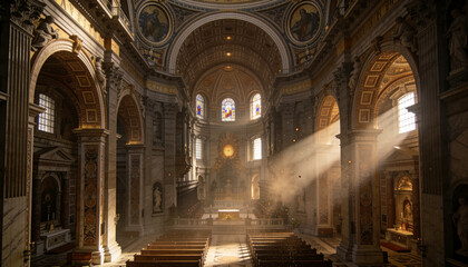 Fototapeta premium Leading central nave drawing eye toward elevated altar with gilded sunburst at historic cathedral