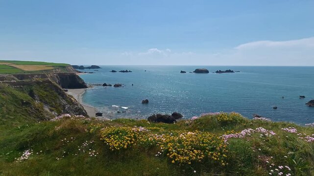 Timelapse Waterford Coast Ireland in Summer sea cliffs covered in flowers gentle waves on beaches and blue sky and sea epic locations Ireland