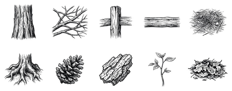 Forest elements icons set. Nature and woodland concept. Includes tree trunk, bare branches, wooden fence, wood log, pine needles, tree roots, pine cone, bark, young plant, fallen leaves