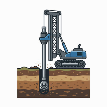 An illustration of a blue and grey drilling rig boring into layered brown soil, with dirt flying up from the powerful drill bit.