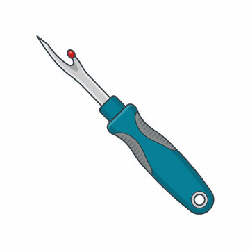 A simple illustration of a seam ripper with a teal and grey ergonomic handle and a metal blade featuring a small red ball on one tip, used for unpicking stitches.