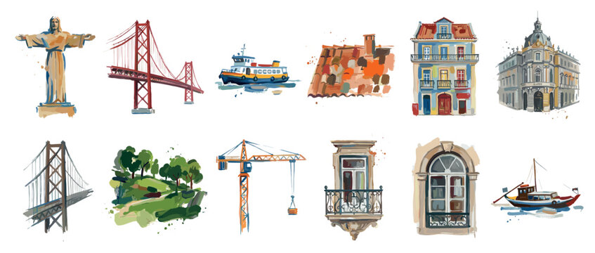 Lisbon landmarks icons set. Portuguese travel and tourism concept. Includes Christ the King statue, 25 de Abril Bridge, ferry boat, tiled roof, traditional house, historic building, park,
