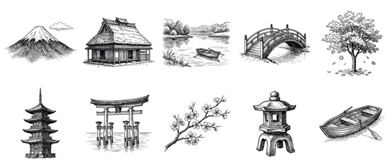 Obraz premium Japanese landscape icons set. Traditional Asian culture and nature concept. Includes Mount Fuji, traditional house, lake with boat, wooden bridge, autumn tree, pagoda, torii gate, cherry