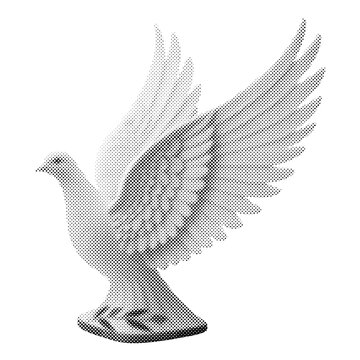 A monochrome halftone illustration of a flying dove bird, representing peace and hope, isolated on a white background.