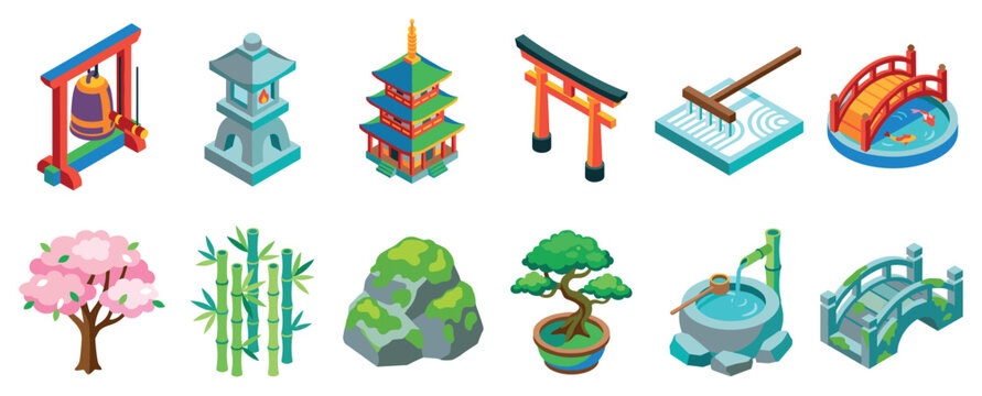 Japanese garden icons set. Traditional Asian landscape elements concept. Includes temple bell, stone lantern, pagoda, torii gate, zen garden, koi pond, cherry blossom, bamboo, mossy rock,