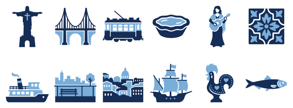 Portugal travel icons set. Portuguese culture and landmark concept. Includes Christ statue, bridge, tram, tart, Fado singer, tile, ferry, city, caravel, rooster, fish. Solid black silhouette