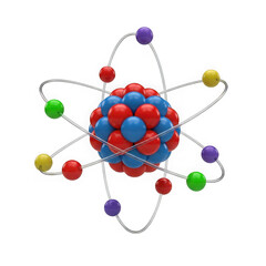 Obraz premium Colorful atom model with a central nucleus and orbiting particles representing science and physics study isolated on transparent background , PNG
