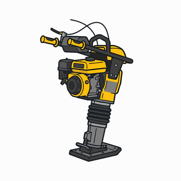 A professional yellow and black tamping rammer, or jumping jack, used for soil compaction in construction projects. Vector illustration of heavy-duty industrial machinery on white.