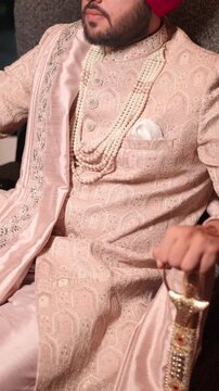 Vertical Cinematic Shot of Sikh Groom Sitting on Sofa and Smiling in the Camera