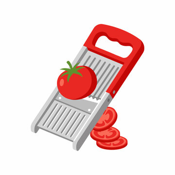 Flat vector illustration of a red manual vegetable slicer or mandoline with a fresh tomato on its surface and tomato slices falling underneath.
