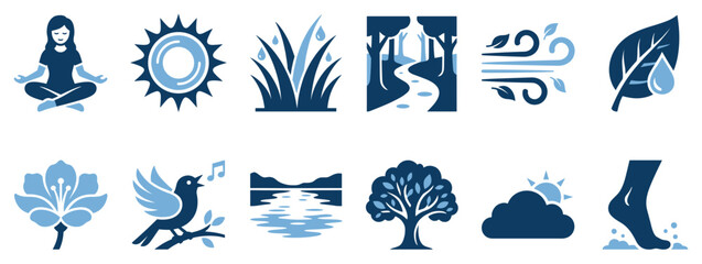 Obraz premium Nature and wellness icons set. Outdoor activities and healthy lifestyle concept. Includes meditating person, sun, grass, forest path, wind, leaf, flower, bird, lake, tree, cloud, foot. Solid