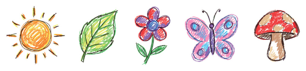 Obraz premium Nature elements icons set. Children's drawing and spring concept. Includes sun, leaf, flower, butterfly, mushroom. Hand-drawn doodle style