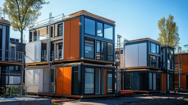 Modern modular homes under construction, sunny day, urban development