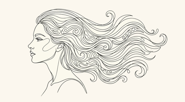 Line art illustration of a woman in profile with long flowing hair