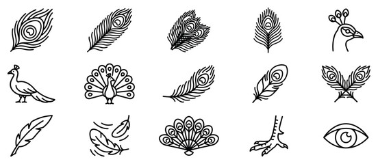 Fototapeta premium Peacock icons set. Elegant bird and feather concept. Includes peacock feather, peacock head, full peacock, peacock fan, peacock foot, eye. Flat and line style
