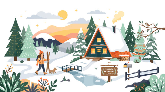 Winter Scene with A Frame House.