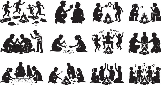 Set of silhouettes of children playing and camping around a campfire