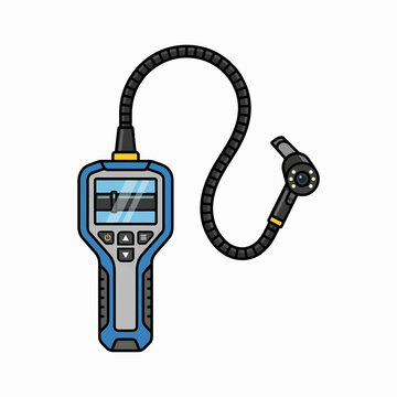 Handheld digital inspection camera or borescope illustration with a flexible cable and camera probe, showing a pipe image on the screen. Isolated on a white background.