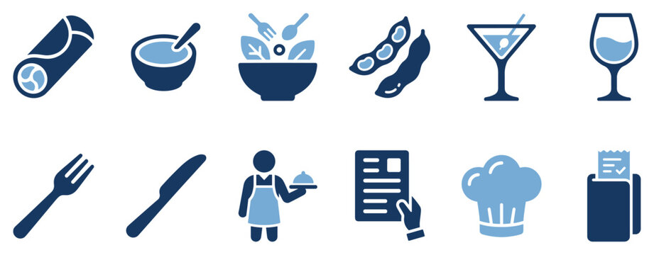 Restaurant and food icons set. Dining and culinary service concept. Includes spring roll, soup bowl, salad, edamame, cocktail, wine glass, fork, knife, waiter, menu, chef hat, bill. Solid