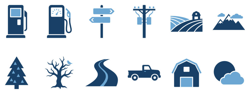 Rural landscape icons set. Countryside and outdoor elements concept. Includes gas pump, signpost, utility pole, farm field, mountains, pine tree, bare tree, winding road, pickup truck, barn,