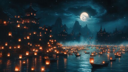 Fototapeta premium Night lanterns float on river by ancient Chinese city under a full moon