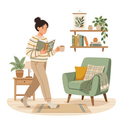 Woman Reading Book in Cozy Living Room. © Tika