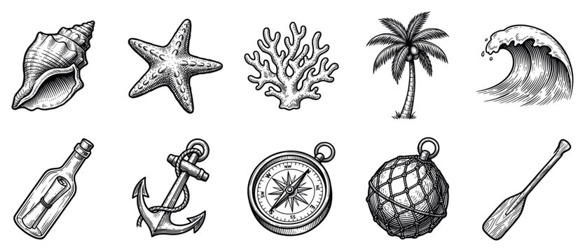 Nautical and marine icons set. Ocean adventure and travel concept. Includes seashell, starfish, coral, palm tree, wave, message in a bottle, anchor, compass, fishing float, oar. Engraved