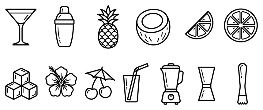 Cocktail and bar icons set. Drink preparation and summer party concept. Includes martini glass, shaker, pineapple, coconut, lime, orange, ice cubes, hibiscus, cherries, blender, jigger,