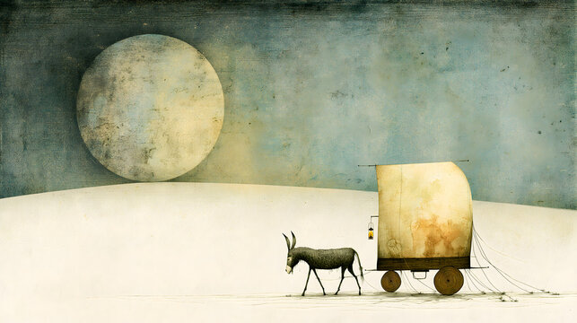 Donkey pulling a covered wagon across a desert hill under a full moon at night