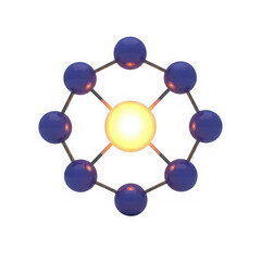 Obraz premium Abstract circular atom structure with a glowing yellow sun core surrounded by small dark blue spheres isolated on transparent background , PNG