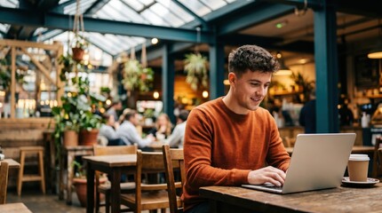 Fototapeta premium Young Man Working on Laptop in a Modern Cafe with Coffee.