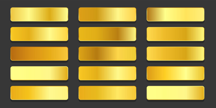 Gold Gradient Swatch Collection Premium Metallic Golden Palette Plate Kit Luxury Foil Texture Background Yellow Bronze Shiny Metal Isolated Element Vector