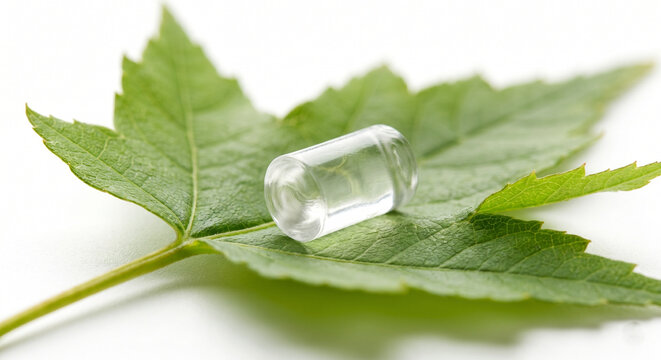Single clear organic bioplastic resin pellet resting on green leaf macro