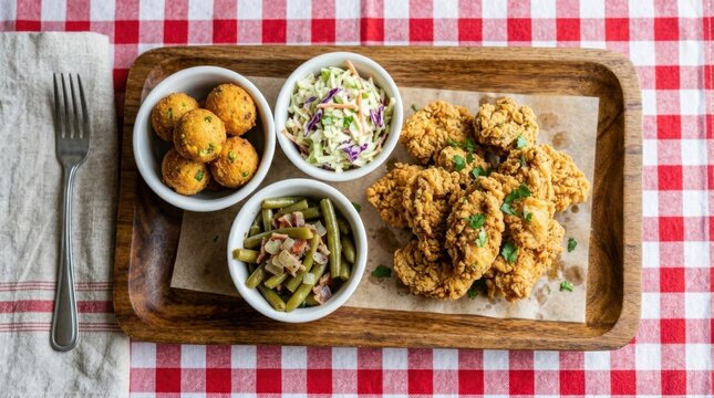 Crispy fried chicken dinner with coleslaw, green beans, and cornbread fritters on a rustic wooden tray