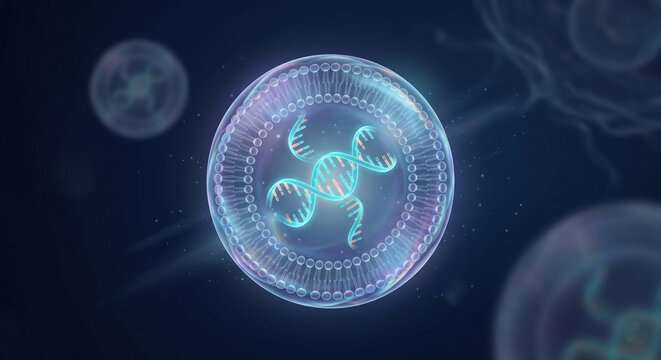 Glowing microscopic lipid nanoparticle sphere mRNA delivery biotech concept