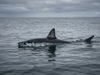 Fototapeta premium Mako shark swimming at the ocean surface, cloudy gray sky horizon.