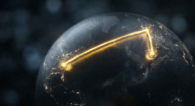 Glowing gold supply chain line connecting points on dark frosted globe