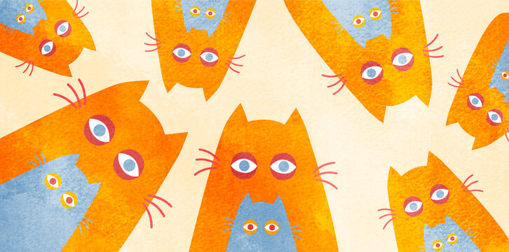 cute orange cats pattern with funny eyes abstract background