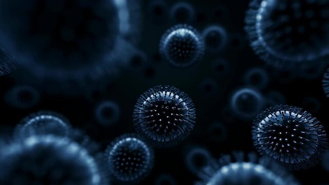 Close-up view of microscopic viruses floating in dark space. Visual representation of pathogens and their potential impact on health and disease transmission