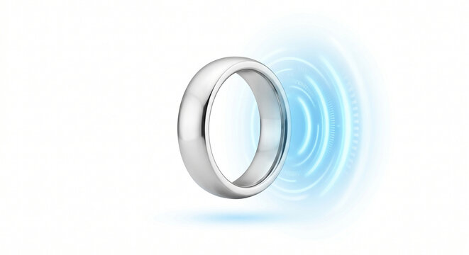 Sleek white metallic ring emitting soft blue NFC contactless payment wave