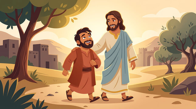 Jesus walks with Zacchaeus, a tax collector, on a path towards ancient buildings