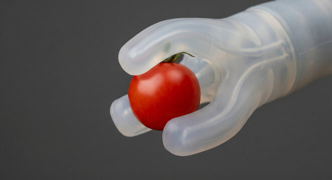 Soft silicone robotic gripper holding perfect red cherry tomato macro