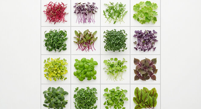 Minimalist geometric grid of different colored microgreens on white background